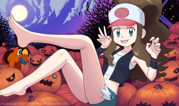 1girl armpits barefoot baseball_cap blue_eyes breasts brown_hair cameo claw_pose collarbone crop_top cropped_jacket curled_fingers denim denim_shorts fankifalu feet feet_up female_focus fingernails full_moon gen_5_pokemon hair_through_headwear hands_up happy happy_halloween hat highres hilda_(pokemon) jack-o&#039;-lantern knee_up kneepits knees legs long_hair long_sidelocks looking_at_viewer lying midriff moon navel neck night night_sky nintendo on_back open_mouth outdoors poke_ball_print pokemon pokemon_(creature) pokemon_bw ponytail pumpkin rare_candy shirt short_shorts shorts sidelocks sky sleeveless sleeveless_jacket sleeveless_shirt small_breasts soles tepig thighs toenails toes v-shaped_eyebrows wristband
