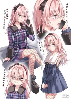 Rule 34 | 1girl, artist name, black boots, black hairband, blue skirt, boots, clenched teeth, closed mouth, commentary request, crossed legs, fishnet thighhighs, fishnets, frilled shirt collar, frills, hair between eyes, hairband, high-waist skirt, highres, holding, holding phone, inui sajuna, long hair, morigami (morigami no yashiro), multiple views, open mouth, phone, pink eyes, pink hair, plaid clothes, plaid shirt, purple shirt, shaded face, shirt, simple background, sitting, skirt, sleeveless, sleeveless shirt, sono bisque doll wa koi wo suru, talking on phone, teeth, thighhighs, translation request, white background, white shirt