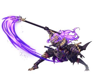 1boy absurdres arm_blade armor blue_eyes clawed_feet closed_mouth fiery_hair fire full_body headpiece highres holding holding_polearm holding_weapon japanese_armor japanese_clothes kote kusazuri lanmizu2002 long_hair magnamalo male_focus mask menpoo monster_boy monster_hunter_(series) monster_hunter_rise mouth_mask personification polearm ponytail purple_fire purple_hair samurai scar scar_on_face scar_on_mouth sheath sheathed shoulder_armor sidelocks sode solo spear swinging_weapon weapon white_background