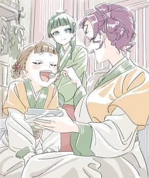 3girls absurdres beads blue_eyes blue_ribbon blunt_bangs blush_stickers bowl braid braided_hair_rings breasts brown_hair chinese_clothes closed_eyes dangomochi2 feeding flower_knot freckles green_hair hair_beads hair_ornament hair_ribbon hair_rings hanging_plant highres holding holding_bowl holding_spoon kusuriya_no_hitorigoto looking_at_another maomao_(kusuriya_no_hitorigoto) medium_breasts multiple_girls open_mouth parted_bangs purple_hair ribbon shisui_(kusuriya_no_hitorigoto) sidelocks smile spoon wavy_hair xiaolan_(kusuriya_no_hitorigoto)