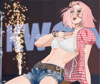 1girl absurdres belt belt_buckle bra bracelet breasts brown_belt buckle cowboy_shot denim denim_shorts derivative_work facial_mark fireworks forehead_mark green_eyes hair_between_eyes hanarteoficial hand_on_own_chest haruno_sakura highres jewelry leaning_back medium_breasts midriff naruto_(series) naruto_shippuuden navel open_clothes open_mouth open_shirt parted_bangs pink_hair plaid_clothes plaid_shirt puffy_short_sleeves puffy_sleeves ring shirt short_hair short_sleeves shorts solo twitter_username underwear white_bra