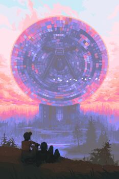 Rule 34 | 1girl, 1other, baseball cap, bird, cloud, cloudy sky, crop top, forest, hat, highres, looking up, lying, nature, on back, original, outdoors, pixel art, radio telescope, satellite dish, scenery, sitting, sixveeceear, sky, sunrise, tree