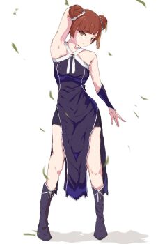 1girl arm_behind_head armpits bare_shoulders blue_dress boots breasts brown_eyes brown_hair closed_mouth double_bun dress full_body hair_bun hair_ornament highres kaneko_ryou laufen_(sousou_no_frieren) looking_at_viewer orange_hair pelvic_curtain short_hair simple_background solo sousou_no_frieren tassel tassel_hair_ornament white_background