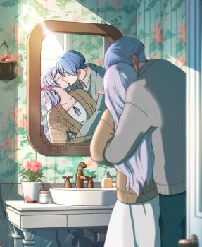 Rule 34 | bathroom, black pants, blonde hair, brown sweater, commentary request, doorway, dress, flower, frieren, grey sweater, highres, himmel (sousou no frieren), indoors, kiss, long hair, mirror, pants, pov doorway, reflection, short hair, sousou no frieren, sweater, tm102tm, white dress, white hair