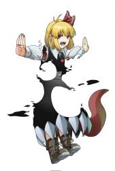 Rule 34 | 1girl, antenna hair, blonde hair, boots, brown footwear, full body, hair ribbon, highres, long sleeves, looking at viewer, onionmay, open mouth, outstretched arms, red eyes, red ribbon, ribbon, rumia, sharp teeth, short hair, solo, teeth, tongue, touhou, white background