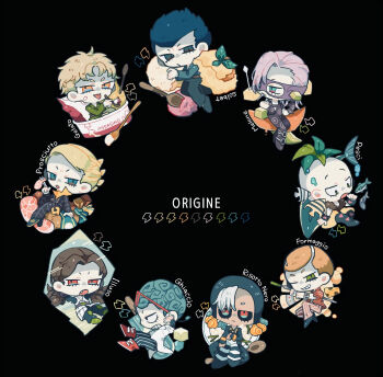 6+boys :o black_background black_coat black_hood black_jacket black_pants black_sclera black_shoes blindfold blonde_hair blue_hair bracelet brown_hair cantaloupe character_name cheese chibi chibi_only clenched_teeth closed_mouth coat colored_blindfold colored_sclera cup curtained_hair expressionless eyewear_on_head fang fish food formaggio fruit full_body garnish gelato gelato_(jojo) ghiaccio glasses green_eyes green_hair grin hair_over_one_eye ham highres holding holding_spoon ice_cream_cup illuso italian_text jacket jewelry jojo_no_kimyou_na_bouken long_sleeves looking_at_viewer male_focus meat melon melone mirror mouth_hold multiple_boys name_connection object_namesake one_eye_closed open_mouth orange_eyes orange_hair pants pesci pink_hair pink_pants plate popsicle prosciutto_(food) prosciutto_(jojo) quad_tails red-framed_eyewear red_eyes red_jacket red_shoes reflection risotto risotto_nero shark shinoru_all shoes short_hair simple_background smile sorbet sorbet_(jojo) spoon striped_clothes striped_pants teeth tongue tongue_out translation_request utensil_in_mouth v-shaped_eyebrows vento_aureo very_short_hair white_hair widow&#039;s_peak wooden_spoon