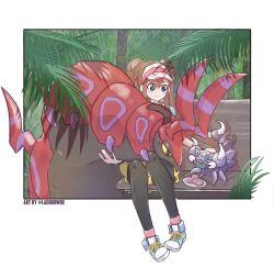 1girl absurdres artist_name bench black_eyes black_pantyhose blue_eyes blush border brown_hair choowoo commentary double_bun eating full_body gen_4_pokemon gen_5_pokemon hair_between_eyes hair_bun hat highres long_hair nintendo on_bench outdoors outside_border pantyhose pantyhose_under_shorts petting pokemon pokemon_(creature) pokemon_bw2 rosa_(pokemon) scolipede shoes shorts sitting skorupi smile sneakers tree twintails twitter_username wooden_bench