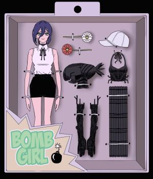1girl apron aze_chainsawman bare_arms bare_shoulders baseball_cap black_choker black_gloves black_ribbon black_shirt black_shorts blue_hair bomb bomb_devil_(chainsaw_man) breasts chainsaw_man choker closed_mouth collared_shirt doll elbow_gloves explosive flower gloves green_eyes grenade_pin hair_between_eyes hair_bun hat highres light_smile medium_breasts medium_hair neck_ribbon red_flower reze_(chainsaw_man) ribbon shirt shorts sleeveless sleeveless_shirt solo updo white_flower white_hat white_shirt