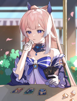 1girl arisuke_(natuyan) black_choker blue_gem blurry blurry_background card choker collarbone day gem genius_invokation_tcg genshin_impact gloves gradient_hair half_gloves highres holding holding_card long_hair multicolored_hair outdoors petals pink_hair purple_eyes sangonomiya_kokomi solo strapless very_long_hair white_gloves white_hair