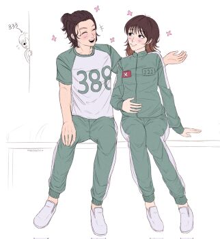 1girl 2boys bench blush brown_hair closed_eyes green_jacket green_pants hand_up highres jacket kang_dae-ho kim_jun-hee lee_myung-gi long_sleeves looking_at_another multiple_boys open_mouth pants ponytail shoes simple_background sitting smile sneakers spying squid_game white_background