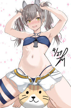 absurdres animal_ear_hairband animal_ears armpits bikini bikini_under_clothes blue_bikini blush brown_hair bunching_hair cat_ear_hairband cat_ears commentary_request fake_animal_ears girls'_frontline girls'_frontline_2:_exilium hairband highres navel scar scar_across_eye scar_on_face shorts signature swimsuit swimsuit_under_clothes takumi_munato ump45_(girls'_frontline) yellow_eyes