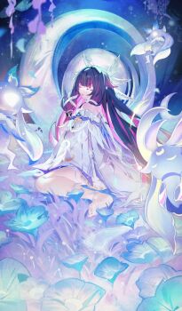 1girl bare_shoulders bibisuka closed_eyes colored_inner_hair columbina_(genshin_impact) commentary_request dress eye_mask feathered_wings flower from_side genshin_impact grass head_wings highres long_hair mask multicolored_hair multiple_wings parted_lips purple_hair sitting solo white_dress white_mask white_wings wings x-shaped_eyewear yokozuwari