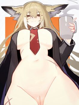 1girl absurdres animal_ear_fluff animal_ears arknights black_coat blonde_hair breasts closed_mouth coat cup distr facial_scar fox_ears fox_girl from_below half-closed_eyes highres holding holding_cup huge_breasts long_hair looking_at_viewer naked_coat navel necktie no_bra no_shirt open_clothes orange_eyes paid_reward_available pussy red_necktie scar scar_on_cheek scar_on_face scar_on_hip simple_background smile solo steam stomach very_long_hair vulpisfoglia_(arknights)