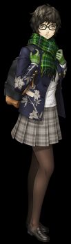 1girl absurdres atsuta_miyazu backpack bag black-framed_eyewear black_hair black_shoes closed_mouth doi_masayuki full_body glasses gloves green_scarf grey_eyes grey_skirt highres jouin_high_school_uniform pantyhose scarf school_uniform shin_megami_tensei shin_megami_tensei_v shoes simple_background skirt solo standing third-party_source transparent_background