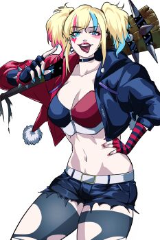 1girl absurdres belt blonde_hair blue_eyes blue_nails bracelet breasts cleavage club club_(weapon) collarbone cowboy_shot dc_comics ernez_(jerukperaz) fingerless_gloves gloves hand_on_own_hip harley_quinn harley_quinn_(suicide_squad_isekai) highres holding holding_weapon jacket jewelry large_breasts looking_at_viewer midriff multicolored_clothes multicolored_hair navel open_clothes open_jacket open_mouth red_lips red_nails short_shorts short_twintails shorts solo spiked_bracelet spiked_club spikes suicide_squad suicide_squad_isekai thighhighs tongue tongue_out torn_clothes torn_thighhighs twintails weapon