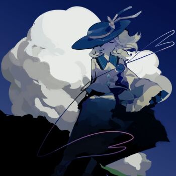 Rule 34 | 1girl, blue theme, bow, bowler hat, bumi35903802, chinese commentary, closed eyes, closed mouth, cloud, collared shirt, commentary request, expressionless, facing viewer, feet out of frame, floating clothes, floating hair, hat, hat bow, hat over one eye, heart, heart of string, komeiji koishi, long hair, muted color, outdoors, shirt, skirt, sky, sleeves past fingers, sleeves past wrists, solo, standing, straight-on, third eye, touhou, wide sleeves