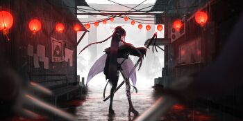 1girl 4boys absurdres air_conditioner altrumi(vtuber) arthropod_girl bench black_jacket broken_window cat commentary figure fog gate hair_ornament hair_stick hashtag-only_commentary hieroglyphics highres holding holding_sword holding_weapon house insect_girl jacket krilatiy_art lantern latex looking_at_viewer looking_back mascot moth_girl multiple_boys multiple_others paper paper_lantern pointy_ears poster_(object) purple_eyes purple_hair rain red_eyes red_light road rooftop standing street sword thighhighs virtual_youtuber warrior water_drop weapon wet wet_clothes wet_hair window wings wire