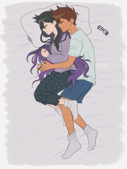 1boy 1girl alternate_costume alternate_hair_color alternate_universe ankle_socks antenna_hair artist_name bare_arms bare_legs bed_sheet behind_another black-framed_eyewear black_hair black_nails black_pants blue_shorts breasts brown_hair closed_eyes closed_mouth colored_inner_hair commentary commission dark-skinned_male dark_skin denim denim_shorts double-parted_bangs ear_piercing earrings emori_(shrimperini) english_commentary face_piercing from_above frown full_body glasses grey_background grey_socks hair_behind_ear hair_between_eyes hair_over_shoulder hair_spread_out hand_up head_on_another's_shoulder head_on_pillow hero_(faraway)_(omori) hero_(omori) hetero highres hug hug_from_behind indoors interracial jewelry knees_together_feet_apart leg_hair long_hair long_sleeves lying mari_(faraway)_(omori) mari_(omori) multicolored_hair nail_polish nose_piercing omori on_bed on_side pants parted_lips piercing pillow polka_dot_pants profile puffy_long_sleeves puffy_sleeves purple_hair purple_shirt rectangular_eyewear shirt short_hair short_sleeves shorts shrimperini sidelocks small_breasts smile socks stud_earrings t-shirt thick_thighs thighs two-tone_hair u_u unworn_eyewear very_long_hair very_short_hair watermark white_shirt
