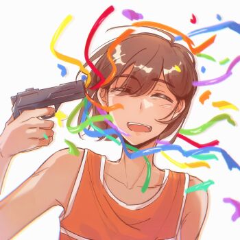 1boy :d ^_^ ahoge arm_at_side backlighting bare_arms bare_shoulders brown_hair chinese_commentary chromatic_aberration closed_eyes commentary_request confetti css021125 double-parted_bangs drop_shadow eyes_visible_through_hair facing_viewer gun gun_to_head hair_behind_ear hair_between_eyes hand_up highres kel_(faraway)_(omori) kel_(omori) male_focus omori open_mouth orange_tank_top short_hair simple_background smile solo straight-on suicide swept_bangs tank_top teeth tongue upper_body upper_teeth_only weapon white_background