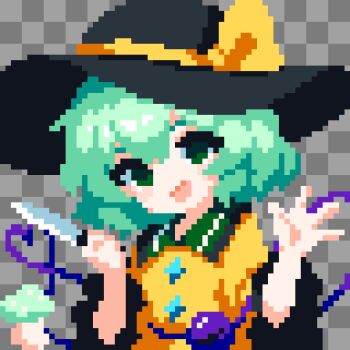 1girl black_hat checkered_background commentary_request green_eyes green_hair green_sailor_collar grey_background hat hat_ribbon heart heart_of_string highres holding holding_knife knife komeiji_koishi long_sleeves looking_at_viewer mushroom open_mouth pixel_art ribbon sailor_collar short_hair solo takeez3 third_eye touhou upper_body wide_sleeves yellow_ribbon