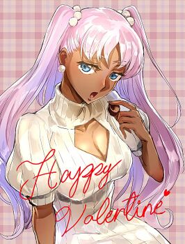 Rule 34 | 1girl, blue eyes, breasts, catherine sabathra, chocolate, ckmogpk, cleavage, cleavage cutout, clothing cutout, code geass, code geass: dakkan no roze, dark-skinned female, dark skin, dress, earrings, fingernails, food, half-closed eyes, hand up, happy valentine, heart, holding, holding chocolate, holding food, jewelry, long fingernails, long hair, looking at viewer, open mouth, pearl earrings, pearl hair ornament, pink hair, puffy short sleeves, puffy sleeves, ribbed dress, short sleeves, solo, sweater, sweater dress, turtleneck, turtleneck dress, twintails, upper body, valentine, white dress