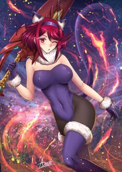 1girl animal_ears asouto black_pantyhose cat_ears cat_tail fire gloves highres kittysuit leotard nontraditional_playboy_bunny one_eye_closed pantyhose playboy_bunny purple_gloves purple_leotard pyra_(xenoblade) red_eyes red_hair red_sword solo strapless strapless_leotard sword tail weapon wink xenoblade_chronicles_(series) xenoblade_chronicles_2