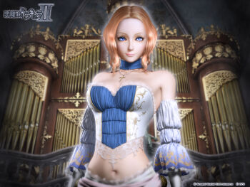 1girl 3d angela_(castlevania) blonde_hair blue_eyes breasts bridal_gauntlets castlevania_(series) castlevania_pachislot choker cross cross_necklace dancer female_focus highres jewelry large_breasts midriff navel necklace short_hair solo