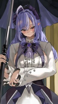 1girl absurdres ahoge breasts center_frills closed_mouth commentary_request frills grey_streaks highres holding holding_umbrella large_breasts long_hair looking_at_viewer multicolored_hair nekoshima_kaede pointy_ears purple_hair red_eyes shirt smile solo streaked_hair umbrella vivian_banshee white_shirt zenless_zone_zero