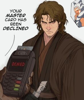 1boy absurdres ahsoka_tano alien anakin_skywalker brown_robe colored_skin commentary credit_card energy_sword english_commentary english_text highres holding holding_weapon lightsaber looking_at_viewer male_focus orange_skin robe scar scar_across_eye scar_on_face solo_focus star_wars sword upper_body weapon white_background yoracrab