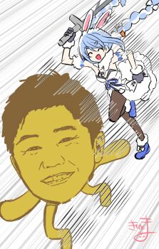 Rule 34 | 1boy, 1girl, :d, ^ ^, animal ear fluff, animal ears, arm up, black gloves, black leotard, blue hair, blue shoes, bow, braid, brown pantyhose, carrot hair ornament, closed eyes, commentary request, don-chan (usada pekora), dress, food-themed hair ornament, fur-trimmed dress, fur-trimmed gloves, fur trim, gloves, grin, hair bow, hair ornament, highres, holding, holding sword, holding weapon, hololive, kiritoma, leotard, monster hunter (series), motion lines, multicolored hair, open mouth, pantyhose, rabbit ears, running, shoes, signature, smile, speed lines, strapless, strapless dress, strapless leotard, sword, twin braids, twintails, two-tone hair, usada pekora, usada pekora (1st costume), virtual youtuber, weapon, white bow, white dress, white hair, yagoo