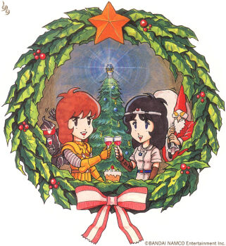 1980s_(style) 1girl armor bandai bandai_namco belt black_hair brown_hair cake christmas christmas_ornaments christmas_tree circlet cup dress drinking_glass druaga_no_tou elbow_gloves food fur-trimmed_headwear fur_trim gilgamesh_(druaga) gloves gold_armor hat holding holding_sack jewelry ki_(druaga) long_hair multiple_boys namco necklace official_art oldschool open_mouth retro_artstyle sack santa_costume santa_hat shinozaki_yuichiro smile white_background wine_glass