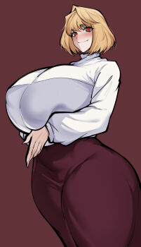 1girl absurdres alternate_body_size alternate_breast_size_(larger) arcueid_brunestud arms_under_breasts ass blonde_hair breasts fang fingernails gigantic_breasts hair_between_eyes hair_intakes highres huge_ass long_skirt looking_at_viewer melty_blood_arcueid_figure_(meme) meme owner1657 purple_skirt sharp_fingernails short_hair skirt smile solo sweater thick_thighs thighs tight_clothes tsukihime turtleneck turtleneck_sweater white_sweater wide_hips