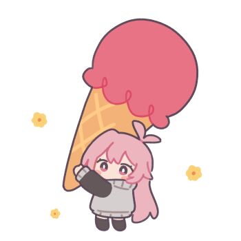 Rule 34 | 1girl, baggy clothes, bloodymoonia, blush, dessert, food, highres, holding, holding food, holding ice cream, holding ice cream cone, ice cream, ice cream cone, indie virtual youtuber, long hair, long sleeves, mumble (shachimu), oversized sweater, pink eyes, pink hair, simple background, solo, sweater under dress, two-tone sweater, white background