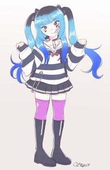 1girl absurdres amemiya_darumi black_bow black_hair black_skirt blue_hair bow collarbone eyebrows face_piercing female_focus full_body hands_up heart highres lip_piercing long_hair looking_at_viewer makeup multicolored_hair piercing pink_eyes pink_thighhighs pleated_skirt safety_pin shirt simple_background skirt smile solo solo_focus standing striped_clothes striped_shirt striped_skirt the_hundred_line_-last_defense_academy- thighhighs twintails white_background