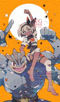 1girl ;d adversarial_noise arm_up arms_up bea_(pokemon) belt black_bodysuit black_hairband bodysuit bodysuit_under_clothes border collared_shirt dark-skinned_female dark_skin full_body gen_1_pokemon grey_eyes grey_hair hair_between_eyes hairband highres kawasaki_(kwsk_8765) knee_pads machamp muscular nintendo on_shoulder one_eye_closed open_mouth pokemon pokemon_(creature) pokemon_swsh print_shirt print_shorts red_eyes round_border shirt short_hair short_sleeves shorts smile star_(symbol) tied_shirt toes yellow_background