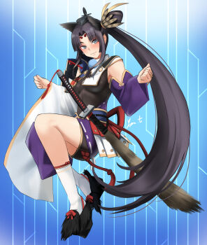 1girl armor asymmetrical_clothes asymmetrical_sleeves black_hair black_leotard blue_eyes blush breast_curtains breasts closed_mouth commentary_request detached_sleeves fate/grand_order fate_(series) feather_hair_ornament feathers full_body hair_ornament hat highres japanese_armor katana kneehighs kusazuri leotard long_hair looking_at_viewer medium_breasts mismatched_sleeves navel parted_bangs pauldrons purple_sleeves revealing_clothes sheath sheathed shoulder_armor side_ponytail single_pantsleg single_pauldron smile socks sode solo sword sword_hilt tassel tate_eboshi ushiwakamaru_(fate) ushiwakamaru_(tour_outfit)_(fate) very_long_hair weapon white_sleeves white_socks yoo_tenchi