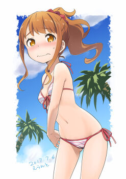 10s 1girl bikini blush breasts brown_eyes brown_hair dated eromanga_sensei errant female_focus jinno_megumi looking_at_viewer navel palm_tree pink_bikini ponytail short_ponytail side-tie_bikini_bottom signature solo striped_bikini striped_clothes swimsuit tree wavy_mouth
