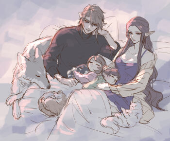 2boys 2girls animal black_sweater blonde_hair breasts brother_and_sister cardigan cat child dress family grey_sweater hair_between_eyes hand_in_own_hair highres holding holding_animal holding_cat if_they_mated kurokawa_karasu light_smile link long_hair medium_breasts multiple_boys multiple_girls nintendo parent_and_child parted_bangs pink_sweater pointy_ears princess_zelda purple_dress short_hair siblings sidelocks sleeping sweater the_legend_of_zelda the_legend_of_zelda:_twilight_princess under_covers white_cardigan wolf_link