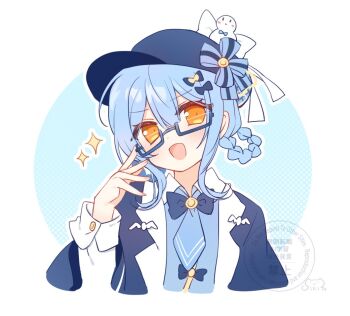 1girl adjusting_eyewear bespectacled black_capelet black_hat blue_hair blue_necktie bow braid braided_hair_rings capelet commentary_request cropped_torso deerstalker glasses hair_bow hair_rings hand_on_eyewear hand_up hat long_sleeves looking_at_viewer mahou_shoujo_no_majo_saiban necktie open_mouth outline semi-rimless_eyewear shikito_(yawa0w0) short_hair smile solo sparkle tachibana_sherry upper_body white_outline yellow_eyes