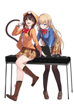 2girls aikawa_megumi black_hair boots bow bowtie cat_tail commentary_request heaven_burns_red highres holding holding_microphone microphone multiple_girls pantyhose school_uniform tail toujou_tsukasa tsukune2398