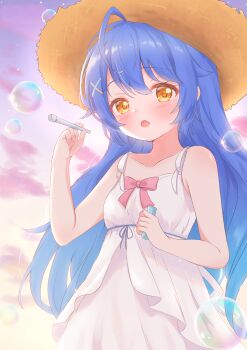 absurdres ahoge amamiya_kokoro blue_hair bow bubble bubble_wand cloud cloudy_sky collarbone dress fang hair_between_eyes hair_ornament hand_up hat highres long_hair matcha_november nijisanji open_mouth outdoors red_bow sidelocks skin_fang sky sombrero sundress very_long_hair virtual_youtuber x_hair_ornament yellow_eyes