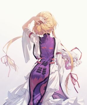 1girl ass blonde_hair bow breasts butterfly_hair_ornament dress earrings frilled_dress frilled_hat frills from_behind hair_bun hair_ornament hair_ribbon hairclip hat hat_ribbon highres jewelry large_bow large_breasts long_sidelocks long_sleeves minust mob_cap purple_tabard red_ribbon ribbon short_hair_with_long_locks sidelocks tabard tagme touhou very_long_sidelocks white_background white_dress yakumo_yukari