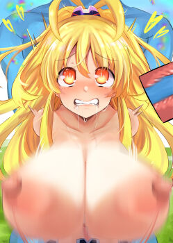 1boy 1girl absurdres bare_shoulders blonde_hair blush breasts commission dogoo_man highres huge_breasts kami_jigen_game_neptune_v large_breasts long_hair misaki_(nounaikakusan) neptune_(series) nipples open_mouth orange_eyes pixiv_commission power_symbol power_symbol-shaped_pupils symbol-shaped_pupils upper_body very_long_hair yellow_eyes yellow_heart_(neptunia)