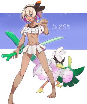 1girl alternate_costume barefoot bea_(pokemon) bikini black_hairband blonde_hair blue_eyes bow_hairband collarbone commentary_request eating food gen_8_pokemon hair_between_eyes hairband hand_up highres holding holding_food holding_skewer holding_spring_onion holding_vegetable katwo knees legs_apart navel nintendo pokedex_number pokemon pokemon_(creature) pokemon_sword_and_shield short_hair sirfetch'd skewer spring_onion standing swimsuit toes vegetable