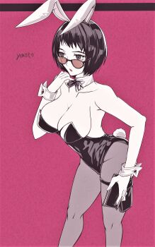 1girl absurdres animal_ears artist_name bare_shoulders black_eyes black_hair black_leotard bob_cut breasts cleavage commentary_request detached_collar fake_animal_ears fake_tail glasses highres large_breasts leotard ohya_ichiko pantyhose persona persona_5 playboy_bunny rabbit_ears rabbit_tail short_hair solo tail yaoto