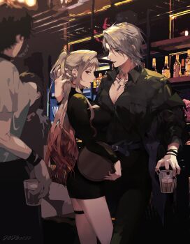 Rule 34 | 2girls, absurdres, alcohol, bar (place), bare legs, black dress, black shirt, blonde hair, blue eyes, breast pocket, breasts, cleavage, commentary, cup, dated, dress, drinking glass, earrings, english commentary, gradient hair, grey hair, hand on another's head, highres, hoop earrings, jewelry, lemon (zoya dog0812), long hair, looking at another, looking at viewer, multicolored hair, multiple girls, necklace, original, path to nowhere, people, pocket, red eyes, red hair, ring, shelf, shirt, short dress, short hair, shoulder tattoo, skindentation, slit pupils, tattoo, thigh strap, tumbler glass, yuri, zoya (path to nowhere)