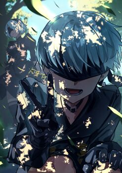 1boy 1girl 2b_(nier:automata) 9s_(nier:automata) black_boots black_choker black_dress black_gloves black_jacket blindfold blue_sky boots choker cleavage_cutout closed_mouth clothing_cutout commentary_request dappled_sunlight day dress facing_viewer feet_out_of_frame gloves grey_hair highres jacket juliet_sleeves long_sleeves lower_teeth_only mole mole_under_mouth nier:automata nier_(series) open_mouth outdoors puffy_sleeves short_hair sky squatting standing sunlight taigaai4649 teeth thigh_boots thighhighs thighhighs_under_boots tree v
