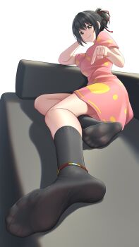 1girl absurdres arendelle black_hair black_socks brown_eyes couch feet highres kimi_no_na_wa. long_hair looking_at_viewer miyamizu_mitsuha parted_lips pointing smile socks soles toes