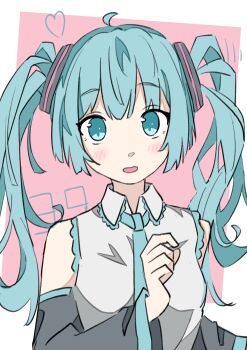 1girl 39 absurdres aqua_eyes aqua_hair aqua_necktie auhuheben17 border detached_sleeves grey_shirt hair_ornament hatsune_miku heart highres light_blush long_hair looking_at_viewer necktie pink_background shirt sleeveless sleeveless_shirt solo twintails vocaloid white_border