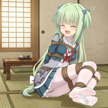 1girl :d ^^^ ^_^ absurdres aqua_bow architecture arms_behind_back bdsm blunt_bangs blunt_ends blush bondage bound bound_arms bound_legs bound_thighs bound_torso bow bowtie breasts chinese_commentary closed_eyes commentary commission crotch_rope cushion east_asian_architecture eyes_visible_through_hair facing_viewer fang feathers feet frilled_skirt frills full_body furrowed_brow green_hair green_jacket green_serafuku green_skirt hair_bow highres hime_cut indoors jacket laughing legs legs_together long_hair long_sleeves low-tied_long_hair meitoku miniskirt motion_lines murasame_(senren) no_shoes official_alternate_costume on_floor open_clothes open_jacket open_mouth panties panties_under_pantyhose pantyhose pleated_skirt red_bow red_bowtie rope sailor_collar school_uniform second-party_source senren_banka serafuku shadow shibari shibari_over_clothes shirt sidelocks sitting skin_fang skirt small_breasts smile soles solo story_in_commentary straight_hair table tatami tearing_up thighs tickling tickling_feet toes two_side_up underwear variant_set very_long_hair white_bow white_feathers white_pantyhose white_sailor_collar white_shirt